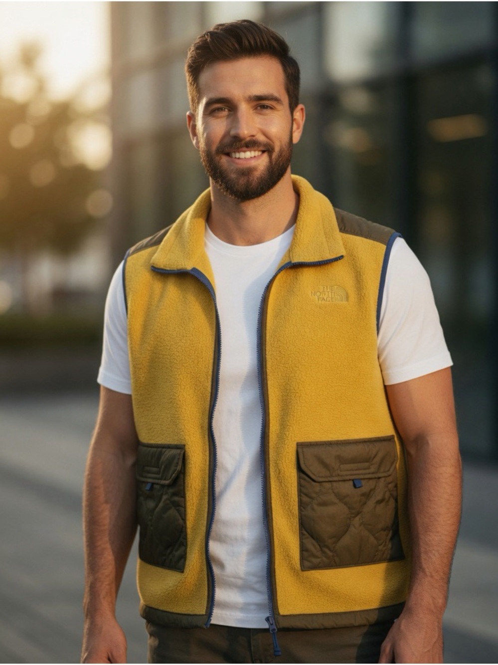 The North Face Yellow Fleece Vest with Olive Patch Pockets and Blue Trim - Picture 2 of 11